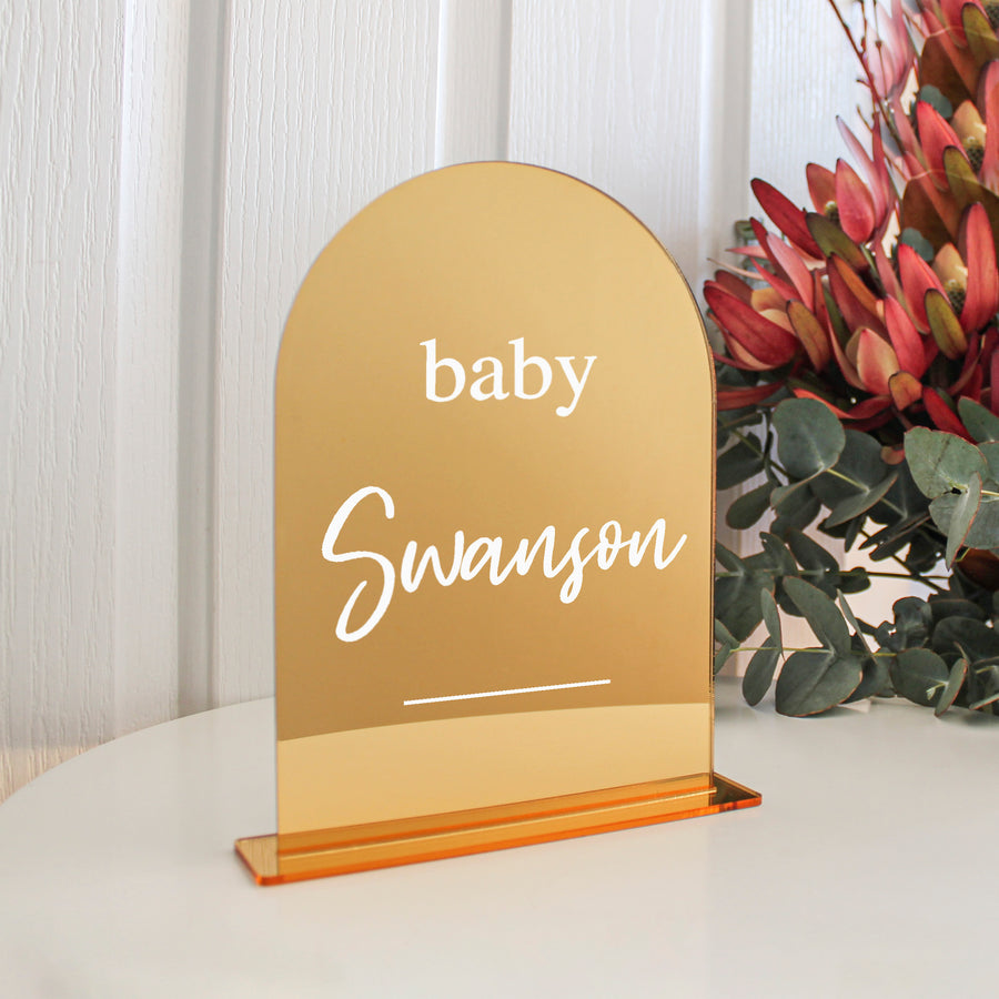 Arch Table Sign | Baby | Gold Mirror Acrylic