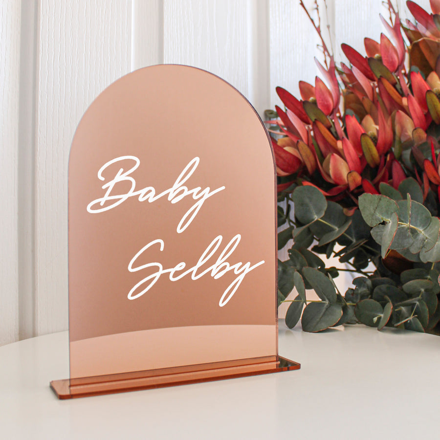 Arch Table Sign | Baby | Rose Gold Mirror Acrylic