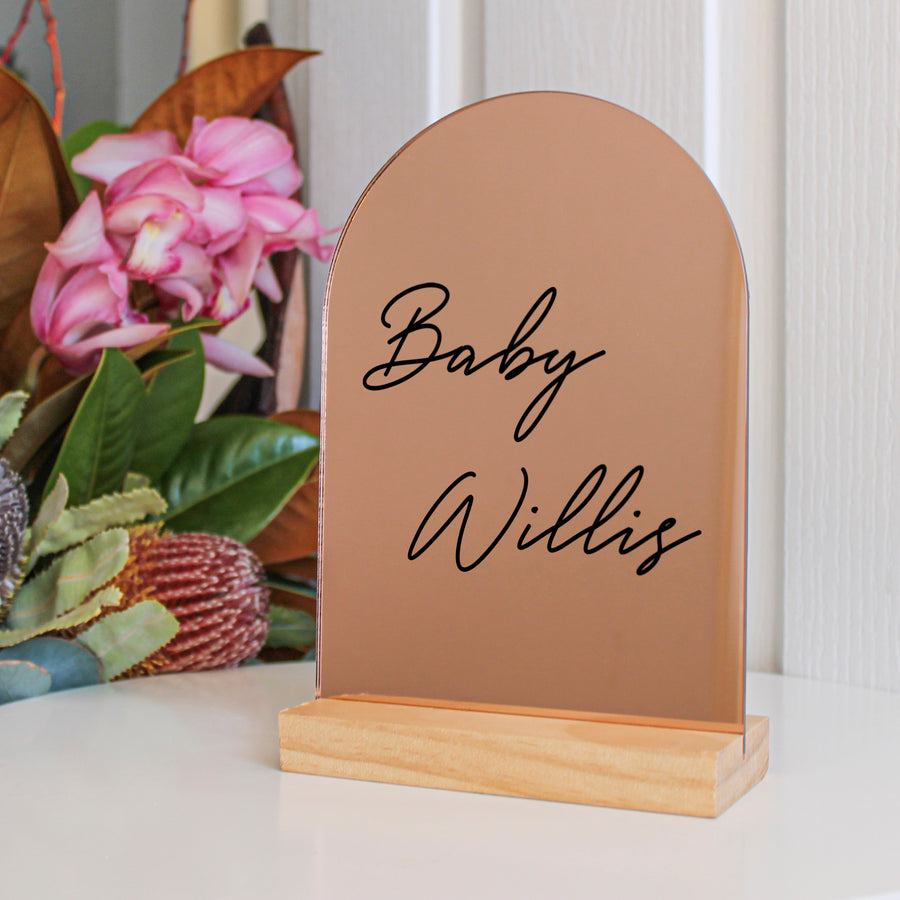 Arch Table Sign | Baby | Rose Gold Mirror Acrylic