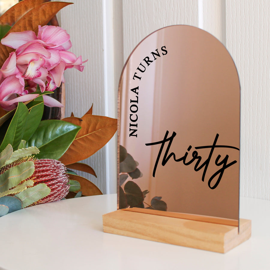 Arch Table Sign | Birthday | Rose Gold Mirror Acrylic