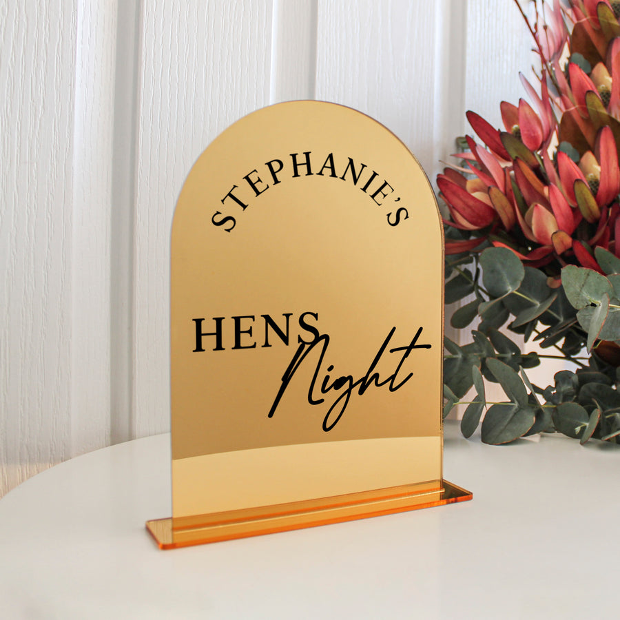 Arch Table Sign | Bridal Hens | Gold Mirror Acrylic