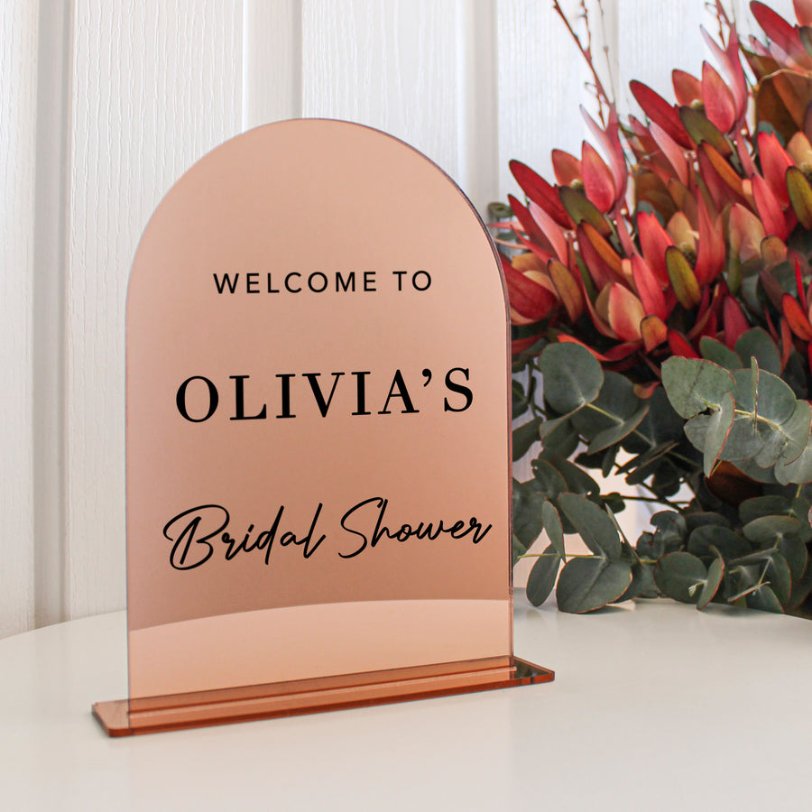 Arch Table Sign | Bridal Hens | Rose Gold Mirror Acrylic