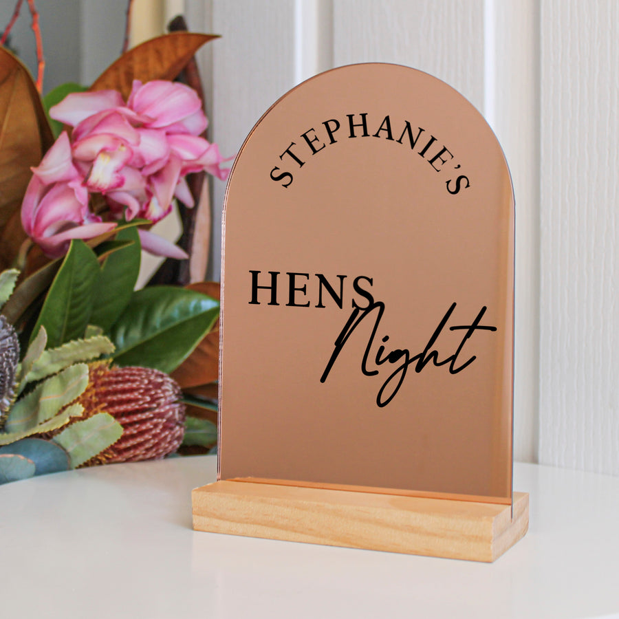 Arch Table Sign | Bridal Hens | Rose Gold Mirror Acrylic